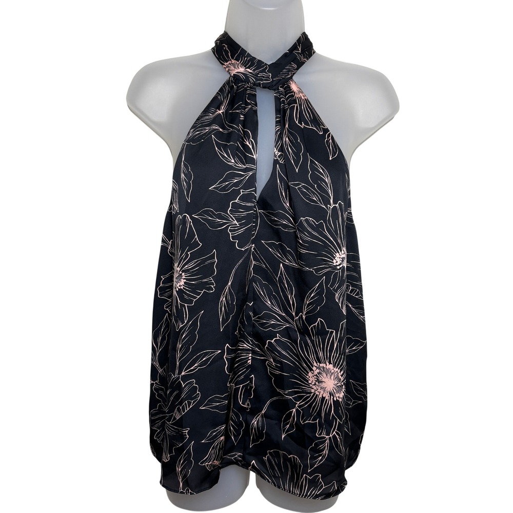 NWT Joie Cedra Black Satin Floral Sleeveless Halter High Neck Top Blouse Women L - Picture 1 of 10